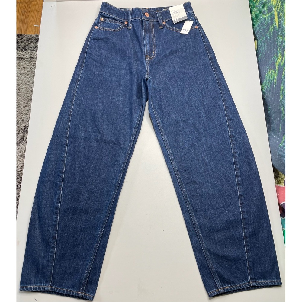 Gap Curvy Barrel Jeans Women 25 0P Blue High Rise Petite Denim Baggy Jeans